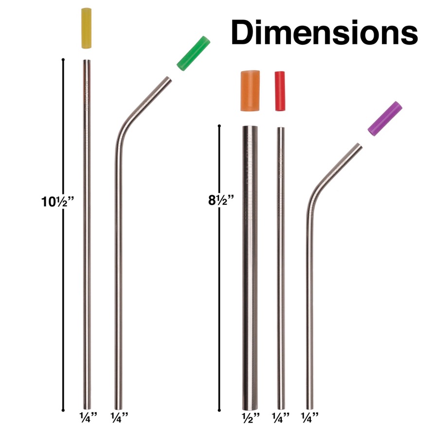 Dimension chart showing RaHa Straw's 10.5 inch straight and bent straws with quarter inch diameter, and 8.5 inch straws with half inch and quarter inch diameter options