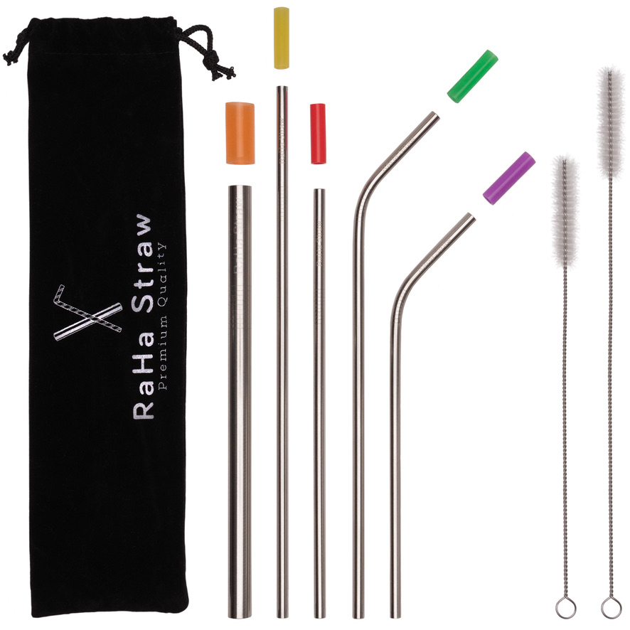 RaHa Straw complete kit: five stainless steel straws in assorted sizes, colored silicone tips, two cleaning brushes and a black velvet carrying pouch