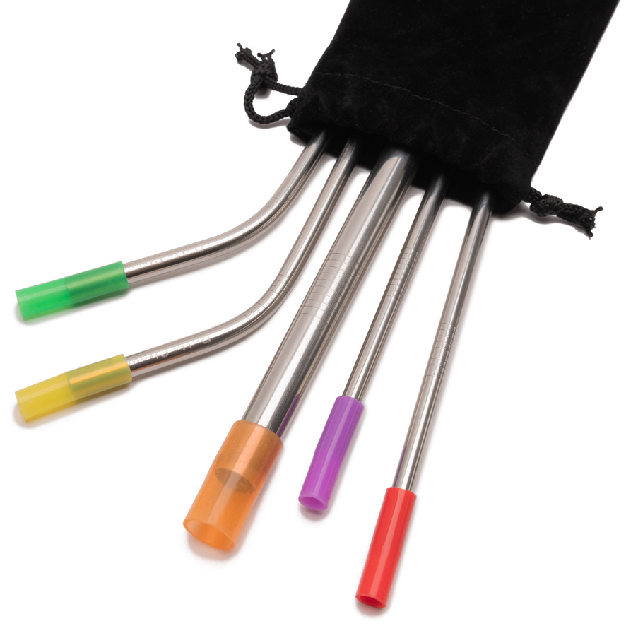 Five stainless steel straws with green, yellow, orange, purple and red silicone tips fanned out of a black carrying pouch